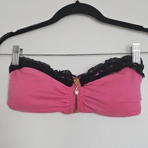 Agejo Gyaru Hot Pink Strapless Bandeau Bra with Black Lace and Gold Zipper